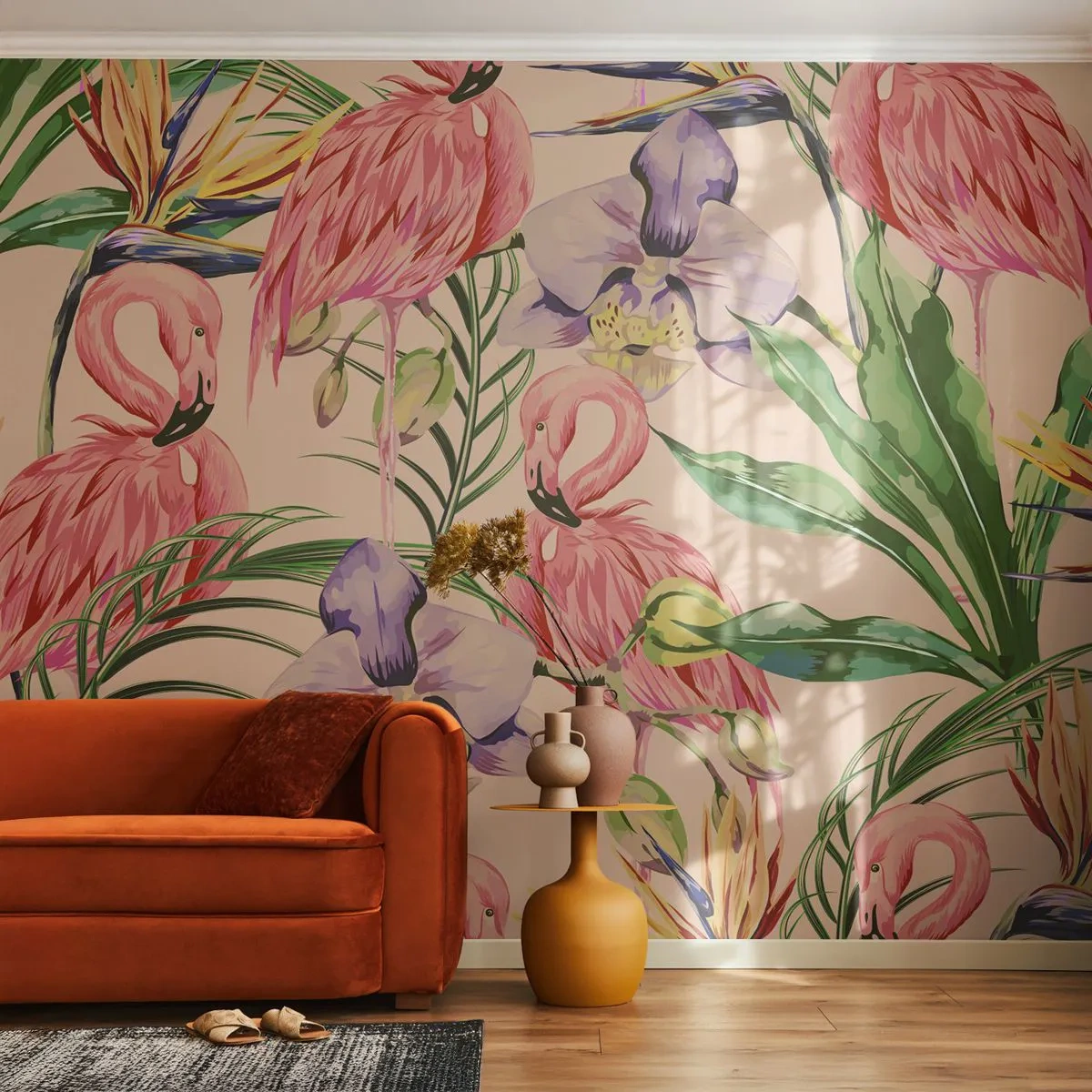 Papier Peint Autocollant Deluxe Sticker - Ballet rose dans les fleurs - Oiseau, Flamant, Jungle - 250x175 cm