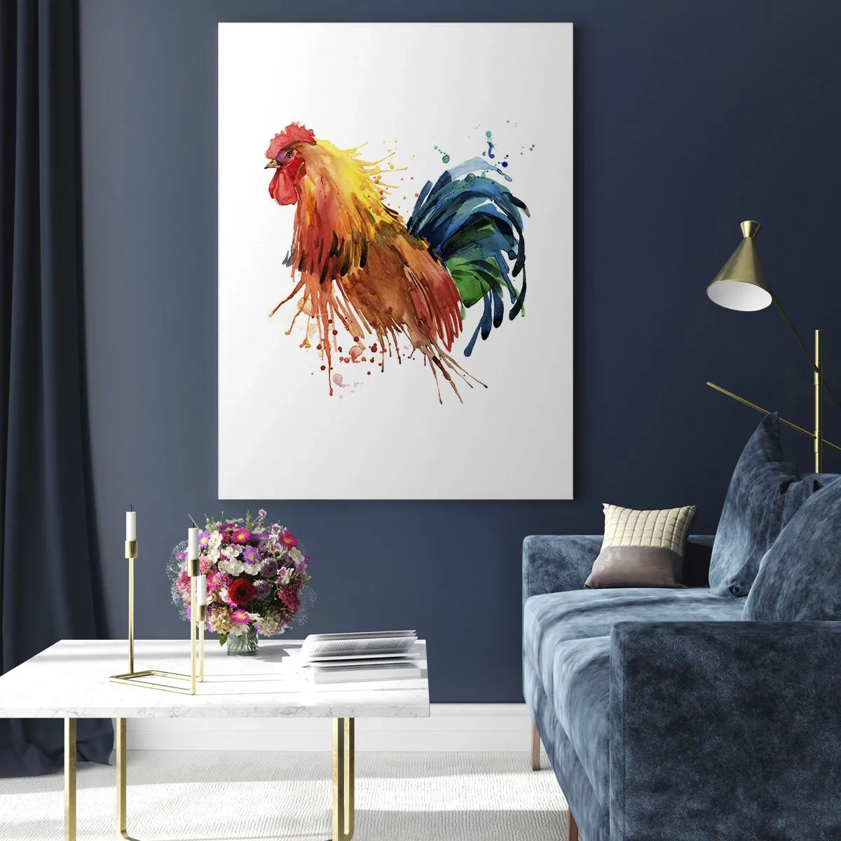 Impression sur verre - Image sur verre - Coq coloré dans un style aquarelle - 80x120cm - Robe royale, fierté royale - Décoration murale moderne pour le salon et la chambre ARTTOR