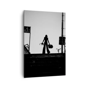Impression sur toile - Image sur toile - Une figure de femme dans les escaliers en noir et blanc avec une atmosphère dynamique - 70x100cm - Pèlerinage urbain - Décoration murale moderne pour le salon et la chambre ARTTOR