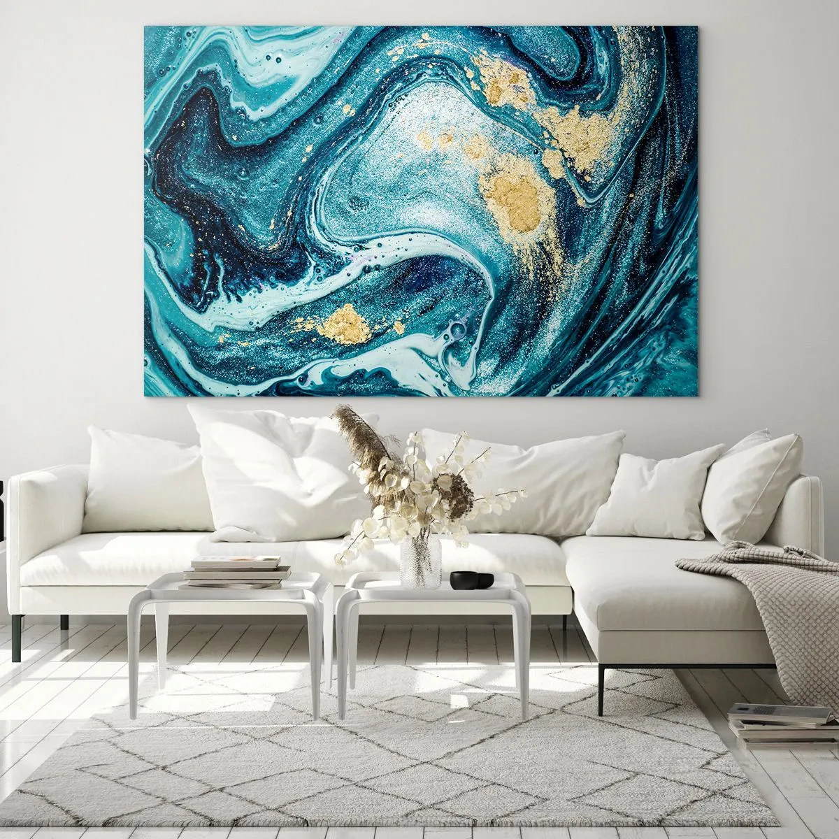 Impression sur verre - Image sur verre - Tourbillons abstraits dans des tons turquoise et or - 70x50cm - Vortex bleu - Décoration murale moderne pour le salon et la chambre ARTTOR
