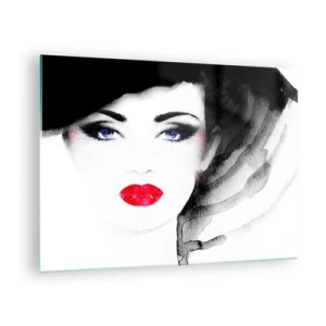Impression sur verre - Image sur verre - Portrait d'une femme aux lèvres rouges expressives et au chapeau noir - 70x50cm - Elle repousse et attire - Décoration murale moderne pour le salon et la chambre ARTTOR