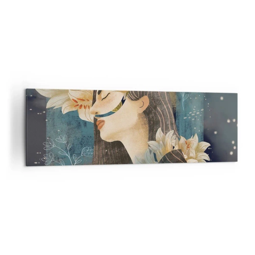 Impression sur toile - Image sur toile - Portrait d'une femme avec des fleurs dans un style artistique sur fond sombre - 160x50cm - Conte de fée sur la princesse lilas - Décoration murale moderne pour le salon et la chambre ARTTOR