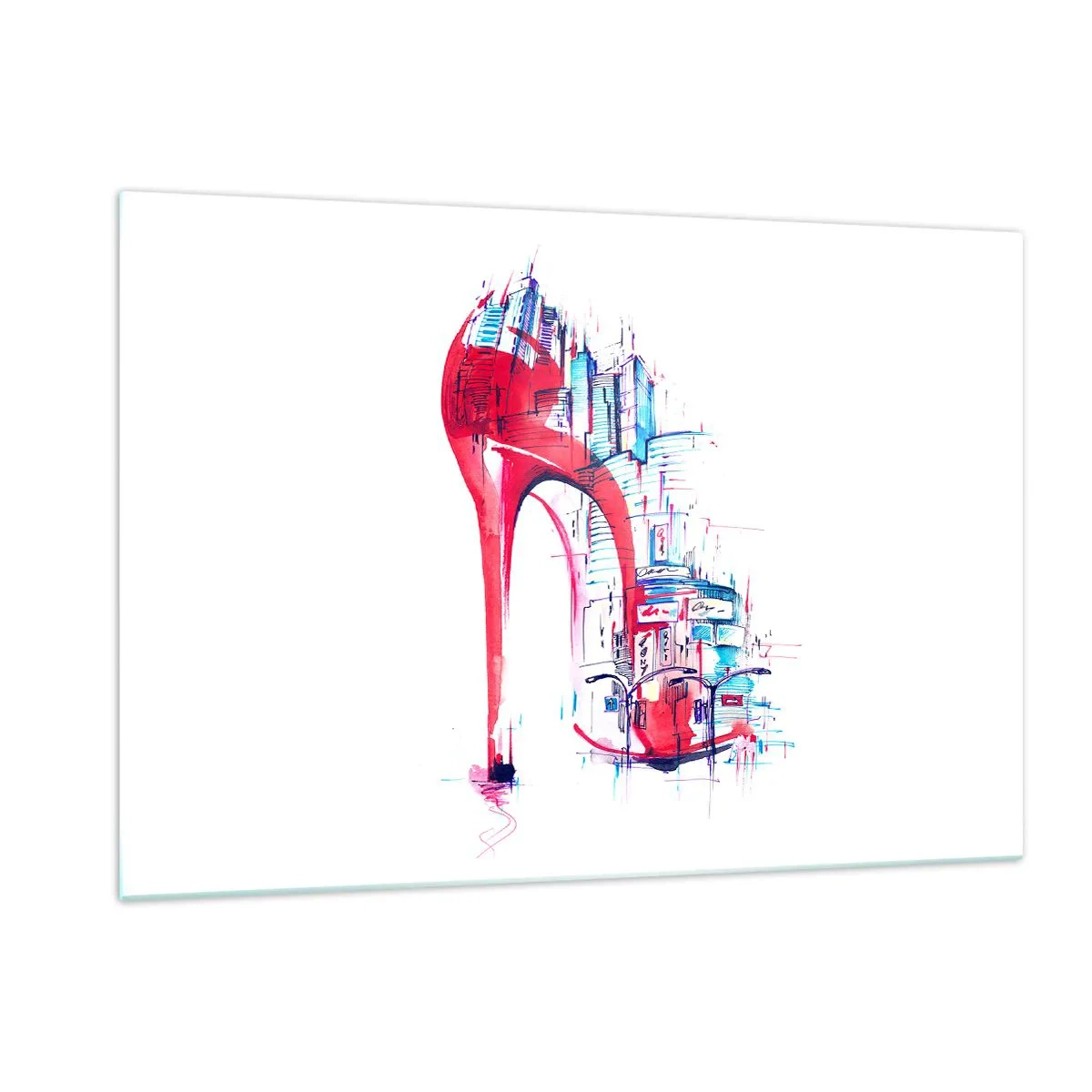 Impression sur verre - Image sur verre - Stiletto rouge avec un motif d'architecture urbaine - 120x80cm - L'élégance des grandes villes - Décoration murale moderne pour le salon et la chambre ARTTOR