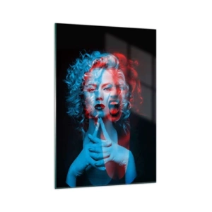 Impression sur verre - Image sur verre - Double portrait de femme en rouge et bleu - 70x100cm - Alter ego - Décoration murale moderne pour le salon et la chambre ARTTOR