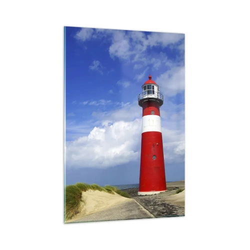Impression sur verre - Image sur verre - Phare rouge sur la plage sous un ciel bleu - 80x120cm - Rêve de solitude - Décoration murale moderne pour le salon et la chambre ARTTOR