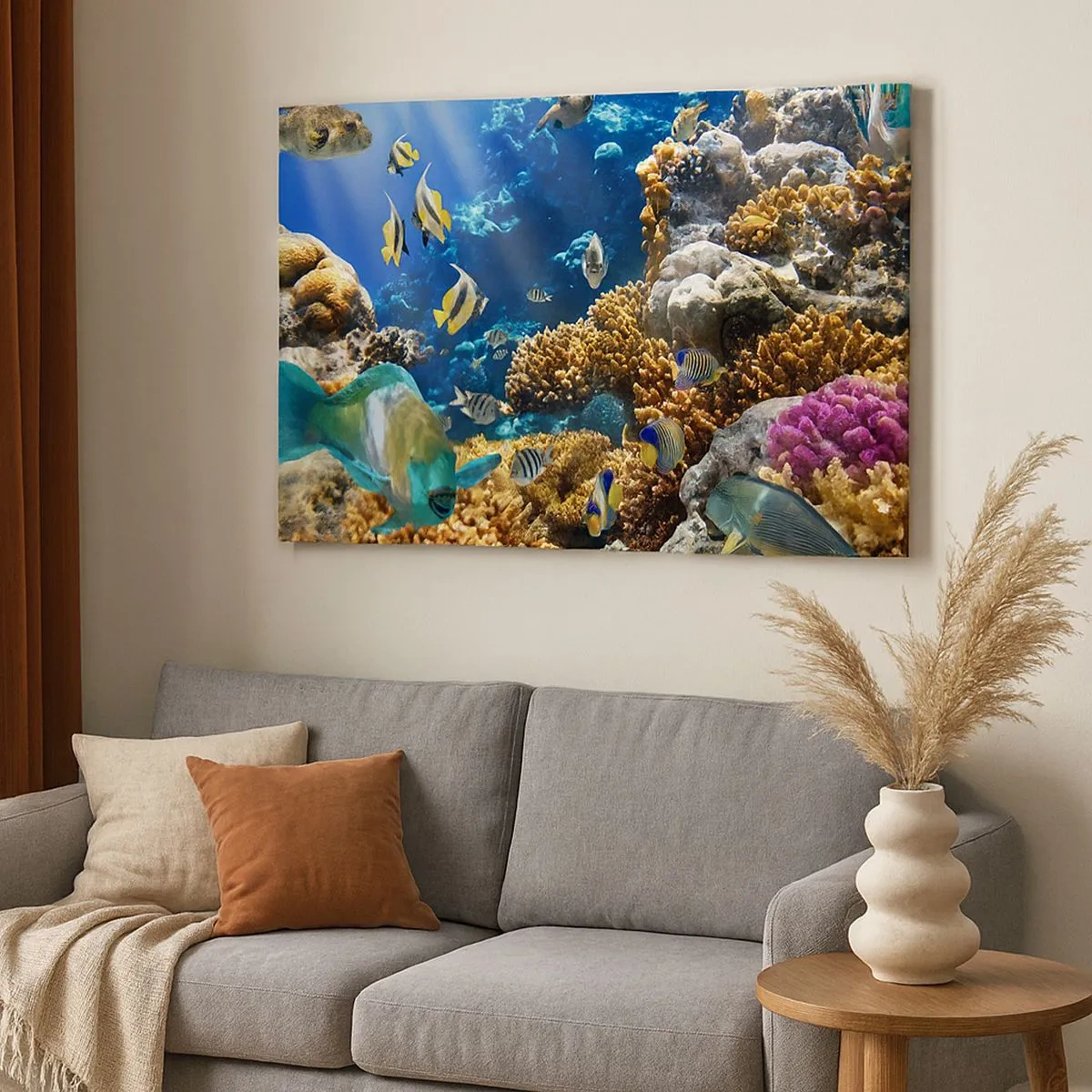 Impression sur toile - Image sur toile - Un récif corallien coloré avec des poissons tropicaux dans les profondeurs de l'océan. - 70x50cm - Beaucoup de circulation sur la route des vacances - Décoration murale moderne pour le salon et la chambre ARTTOR