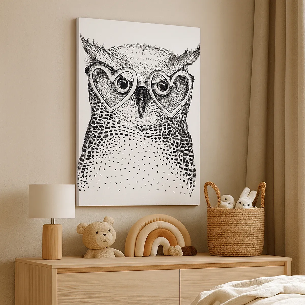 Impression sur toile - Image sur toile - Graphique élégant d'un hibou portant des lunettes en forme de cœur - 50x70cm - Sagement et avec amour - Décoration murale moderne pour le salon et la chambre ARTTOR