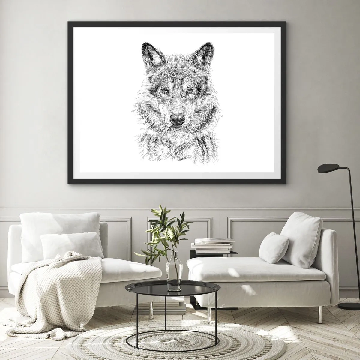 Affiche dans un cadre noir - Poster - Croquis d'une tête de loup dans un style monochrome sur fond blanc - 70x50cm - Un leader né - Décoration murale moderne pour le salon et la chambre ARTTOR