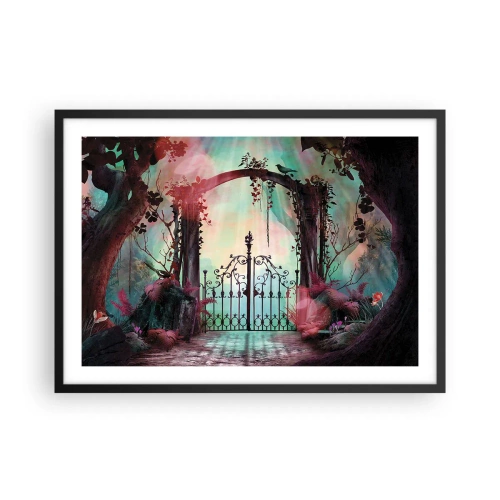 Affiche dans un cadre noir - Poster - Une entrée magique avec un portail en fer forgé entouré d'une végétation mystérieuse - 70x50cm - Jardin secret - Décoration murale moderne pour le salon et la chambre ARTTOR