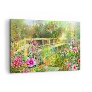 Impression sur toile - Image sur toile - Un pont entouré d'une végétation luxuriante et de fleurs - 100x70cm - Le soupire d'un pont de printemps - Décoration murale moderne pour le salon et la chambre ARTTOR