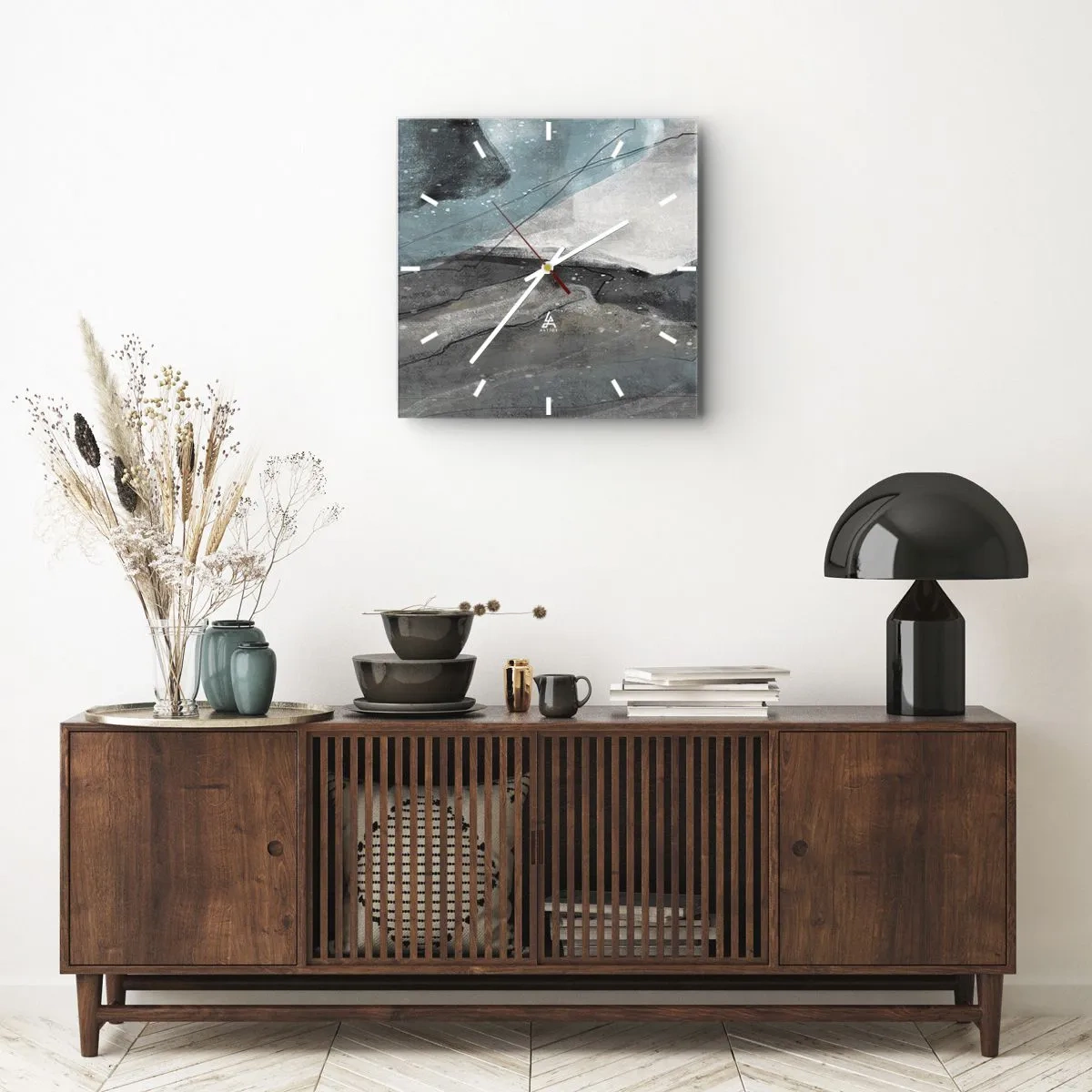 Horloge murale - Pendule murale - Composition abstraite dans les tons de gris et de bleu - 30x30cm - Résumé : roches et glace - Décoration murale moderne pour le salon et la chambre ARTTOR