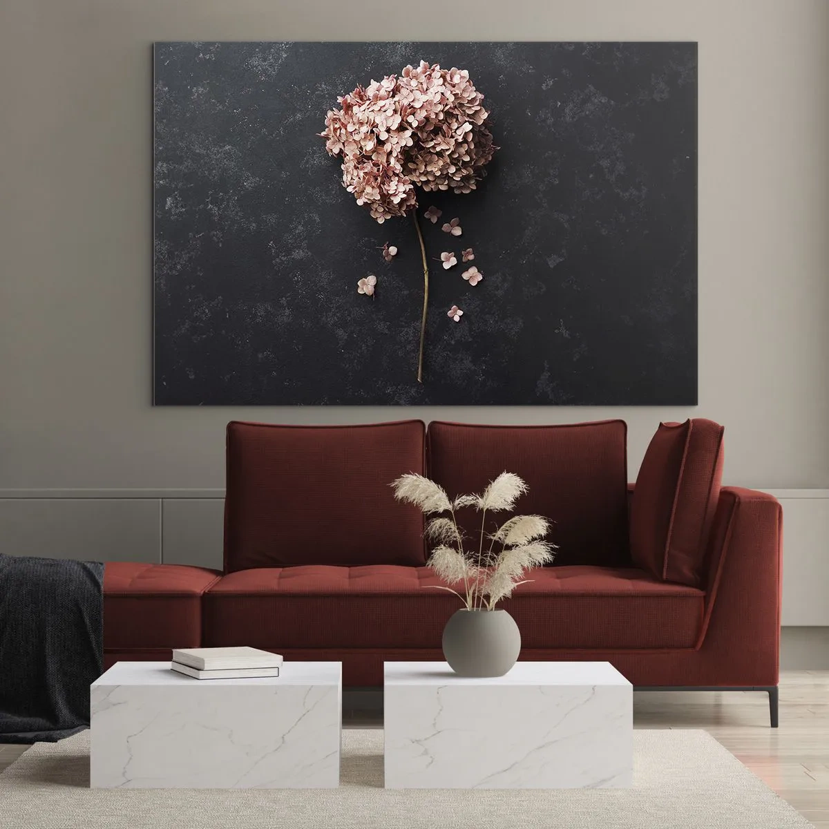 Impression sur verre - Image sur verre - Hortensia sec aux pétales dispersés sur un fond sombre - 100x70cm - Un signe vraiment romantique - Décoration murale moderne pour le salon et la chambre ARTTOR