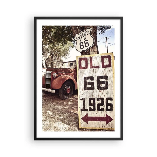 Affiche dans un cadre noir - Poster - Oldtimer au panneau Route 66 - 50x70cm - La légende de la province américaine - Décoration murale moderne pour le salon et la chambre ARTTOR