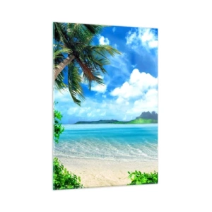 Impression sur verre - Image sur verre - Une plage tropicale avec des palmiers et une vue sur une île montagneuse - 50x70cm - L'azur des tropiques - Décoration murale moderne pour le salon et la chambre ARTTOR