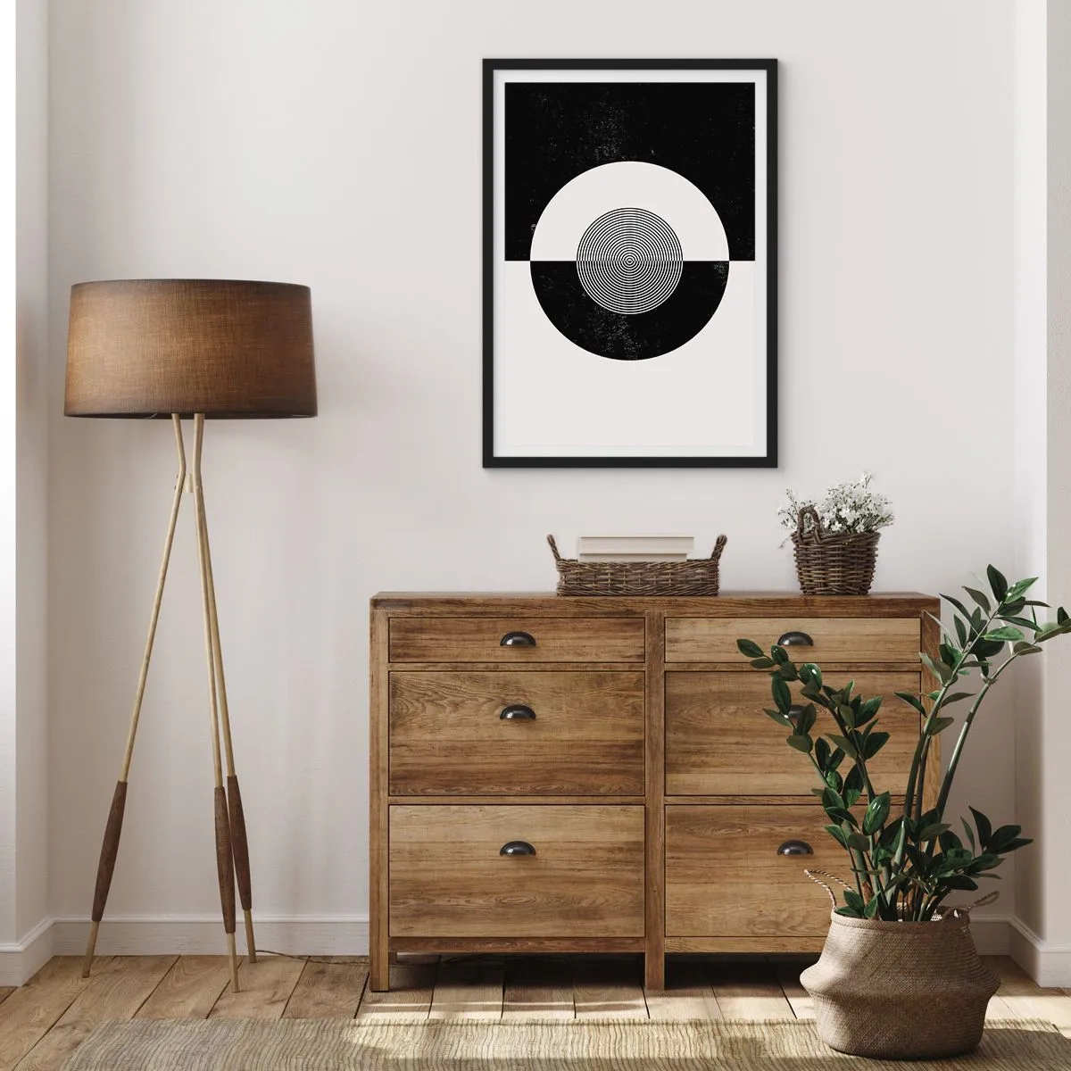 Affiche dans un cadre noir - Poster - Motif géométrique en noir et blanc avec un cercle concentrique - 50x70cm - Harmonie de noir et blanc - Décoration murale moderne pour le salon et la chambre ARTTOR