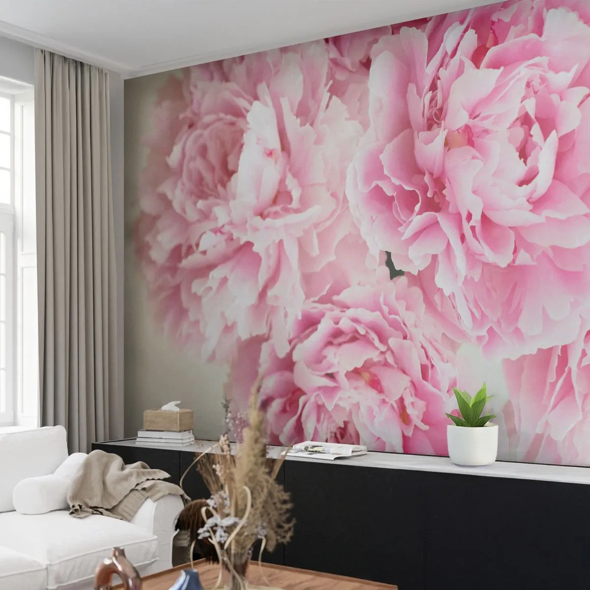 Papier Peint Autocollant Deluxe Sticker - En glamour rose - Pivoines, Bouquet de fleurs, Fleurs - 250x175 cm