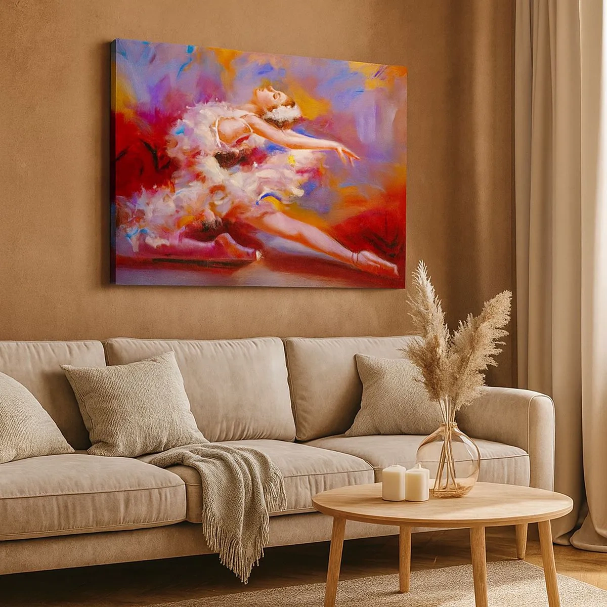 Impression sur toile - Image sur toile - Une ballerine dans une pose dynamique parmi des couleurs pastel. - 70x50cm - La grâce du cygne - Décoration murale moderne pour le salon et la chambre ARTTOR
