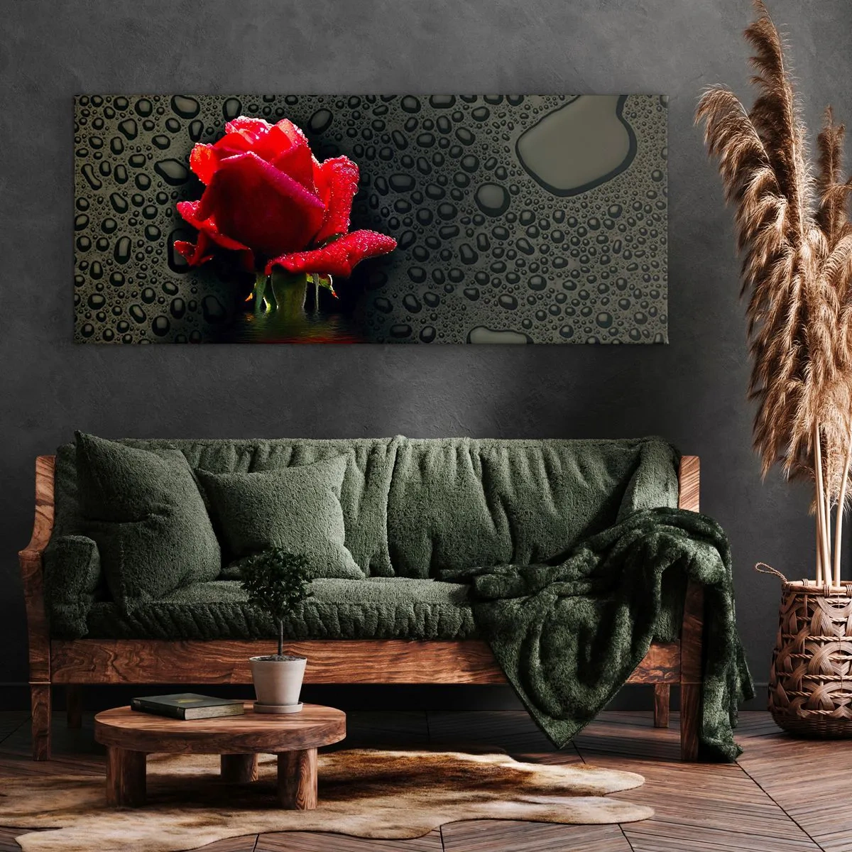 Impression sur toile - Image sur toile - Rose rouge avec des gouttes d'eau sur un fond sombre - 160x50cm - Rouge et noir - Décoration murale moderne pour le salon et la chambre ARTTOR