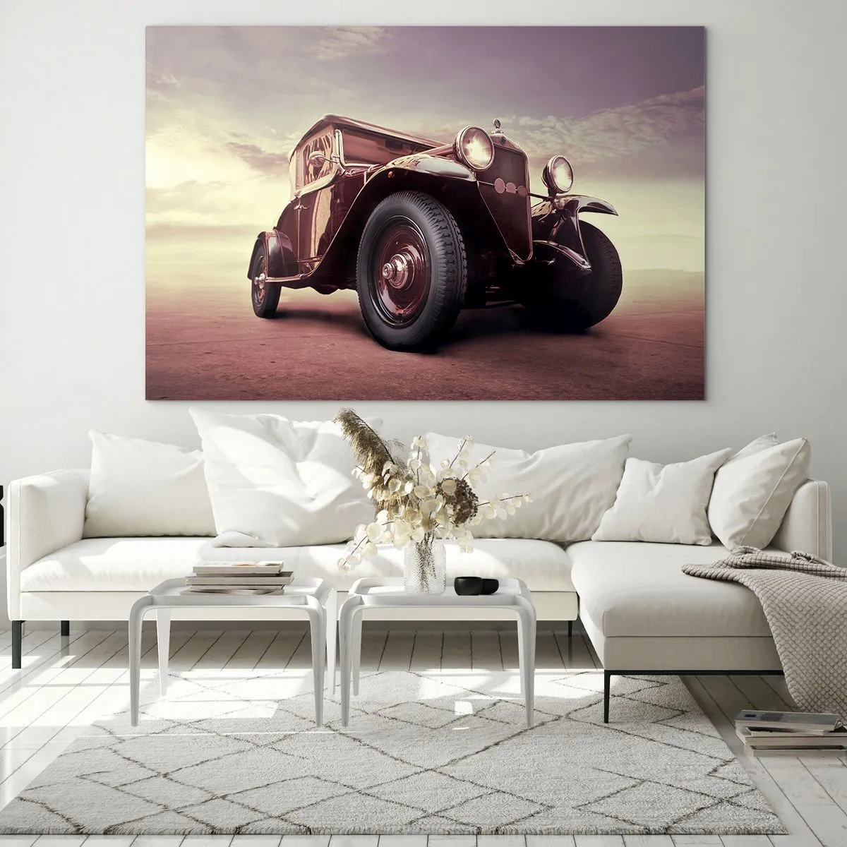 Impression sur verre - Image sur verre - Voiture classique emblématique aux tons sépia en plein air - 70x50cm - Revenons au bon vieux temps... - Décoration murale moderne pour le salon et la chambre ARTTOR