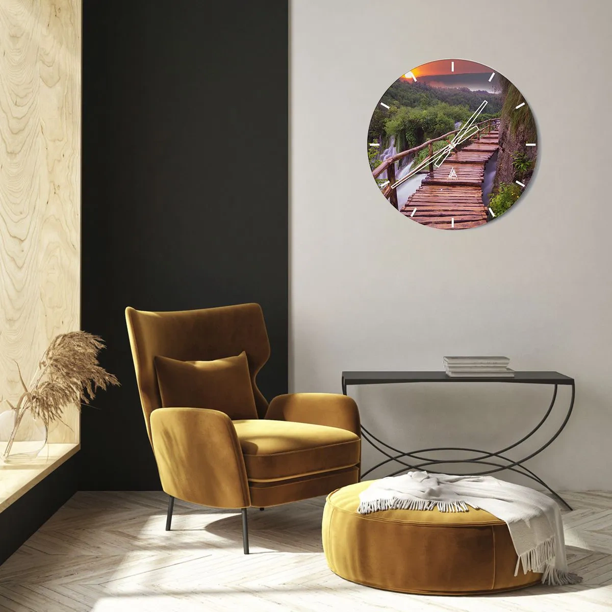 Horloge murale - Pendule murale - Passerelle en bois au-dessus des cascades dans la forêt au coucher du soleil - 30x30cm - La beauté au-delà de la croyance - Décoration murale moderne pour le salon, la cuisine et la chambre ARTTOR