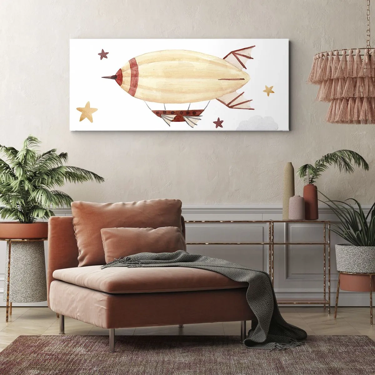 Impression sur toile - Image sur toile - Un dirigeable peint à la main sur fond d'étoiles - 140x50cm - Dirigeable - Décoration murale moderne pour le salon et la chambre ARTTOR