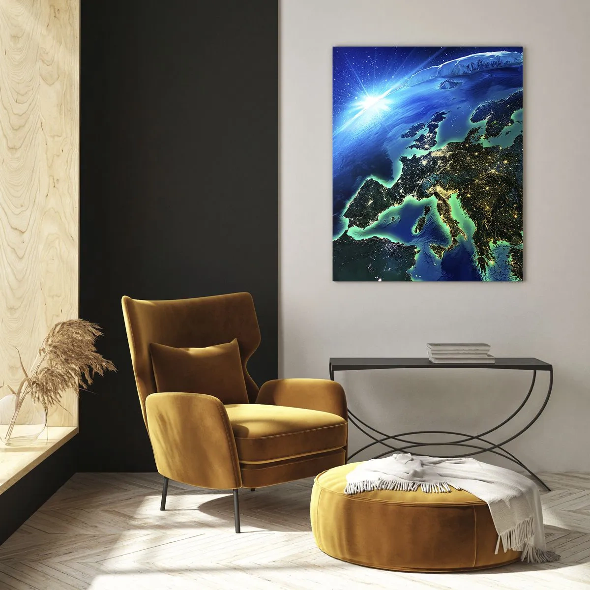 Impression sur verre - Image sur verre - Une vue d'Europe depuis l'espace à la lueur du soleil levant. - 80x120cm - Europe pétillante - Décoration murale moderne pour le salon et la chambre ARTTOR