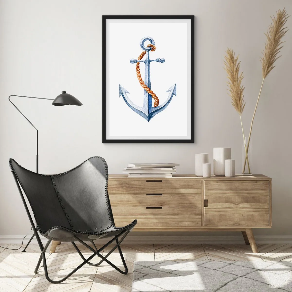 Affiche dans un cadre noir - Poster - Ancre avec corde dans un style aquarelle - 50x70cm - Ah l'aventure ! - Décoration murale moderne pour le salon et la chambre ARTTOR