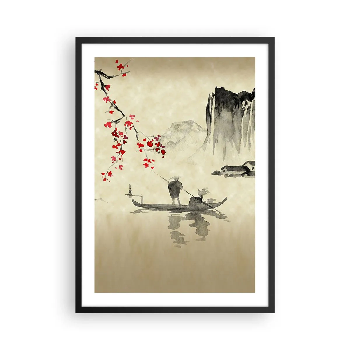 Affiche dans un cadre noir - Poster - Scène orientale avec des pêcheurs sur un bateau - 50x70cm - Au pays des cerisiers en fleurs - Décoration murale moderne pour le salon et la chambre ARTTOR