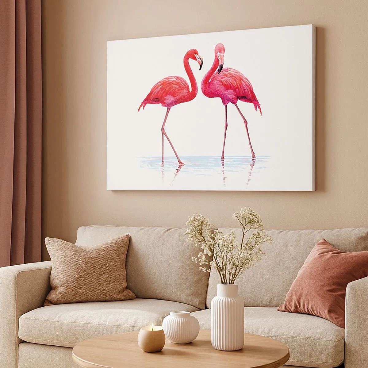 Impression sur toile - Image sur toile - Une paire de flamants roses dans l'eau sur un fond clair - 70x50cm - Rendez-vous rose - Décoration murale moderne pour le salon et la chambre ARTTOR