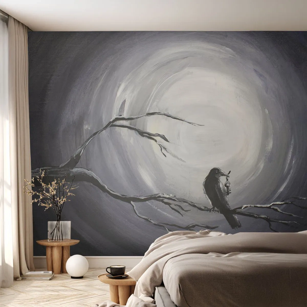 Papier Peint Photo Premium Sand - La clé du mystère de la nuit - Abstraction, Corbeau, Oiseau - 250x175 cm