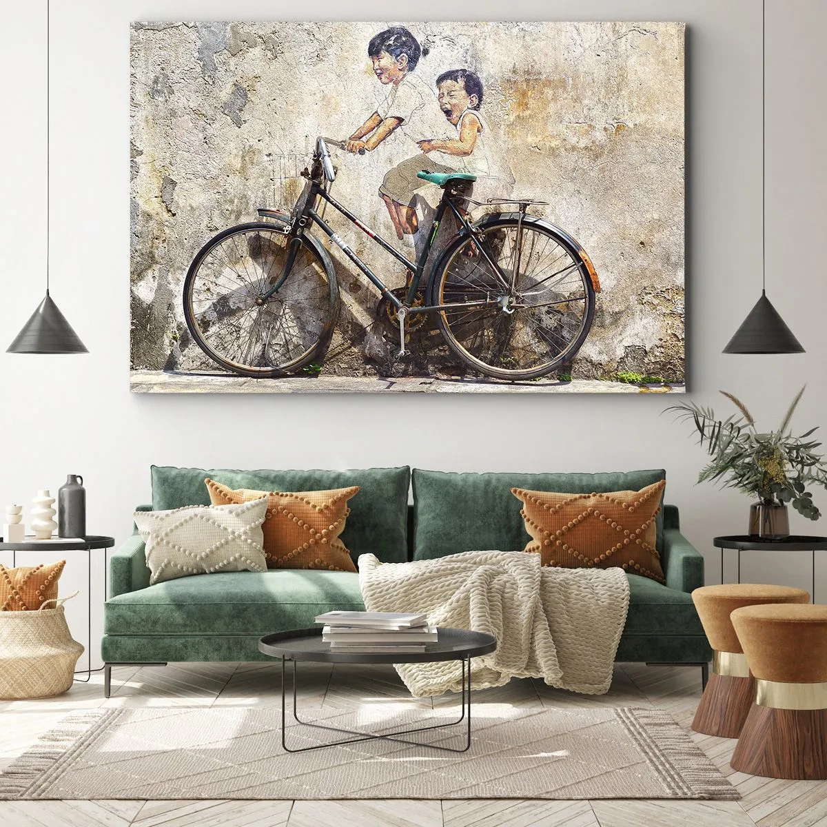 Impression sur toile - Image sur toile - Street art avec un vélo et des dessins d'enfants sur le mur - 70x50cm - Vrai ou faux? - Décoration murale moderne pour le salon et la chambre ARTTOR