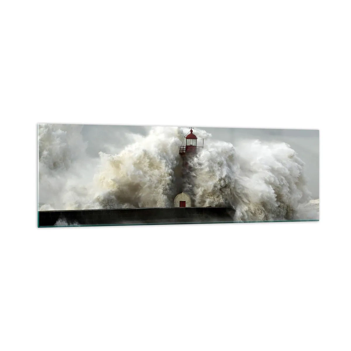 Impression sur verre - Image sur verre - Un phare entouré de vagues violentes pendant une tempête - 160x50cm - La colère de l'océan - Décoration murale moderne pour le salon et la chambre ARTTOR