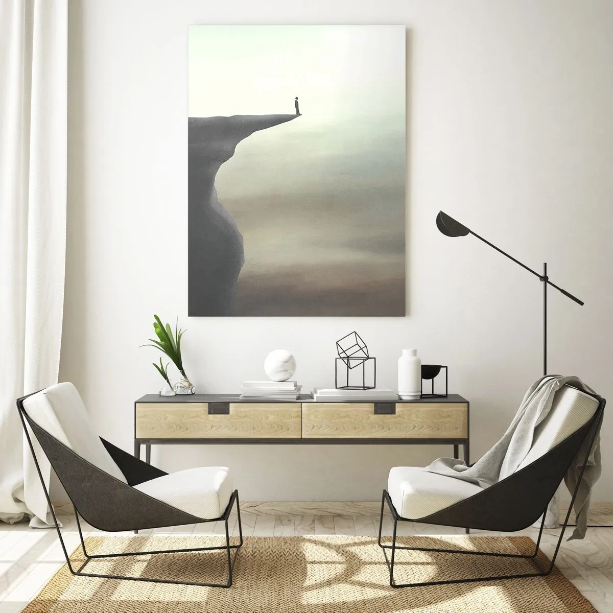 Impression sur verre - Image sur verre - Silhouette d'une figure au bord d'une falaise dans un paysage brumeux - 70x100cm - Tout en haut, bien entendu! - Décoration murale moderne pour le salon et la chambre ARTTOR