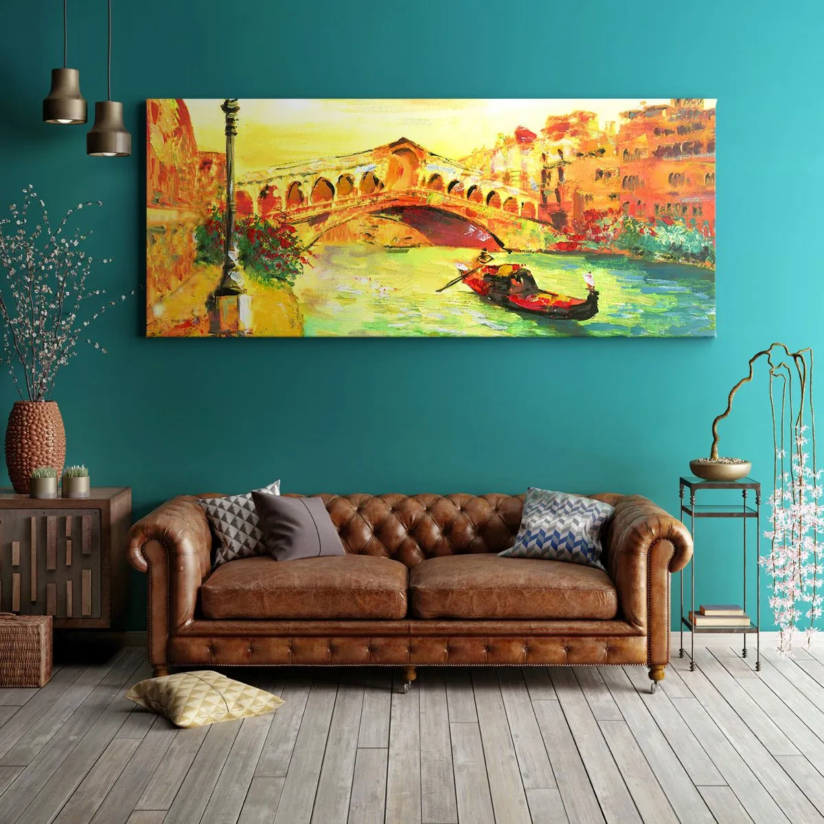Impression sur toile - Image sur toile - Un pont pittoresque sur le canal avec une gondole à la lumière du soleil couchant - 120x50cm - Un pèlerinage d'amoureux - Décoration murale moderne pour le salon et la chambre ARTTOR