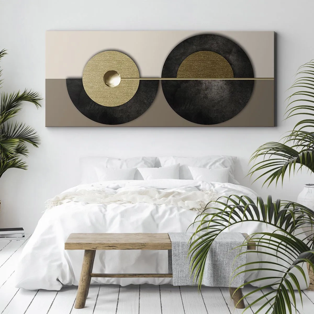 Impression sur toile - Image sur toile - Cercles abstraits dans des tons d'or et de marron - 120x50cm - Variations autour du cercle - Décoration murale moderne pour le salon et la chambre ARTTOR