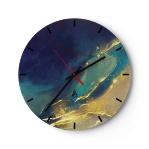 Horloge murale - Pendule murale - Une composition abstraite en bleu marine et or ressemblant à une piscine d'eau - 30x30cm - Coulée d'or - Décoration murale moderne pour le salon, la cuisine et la chambre ARTTOR