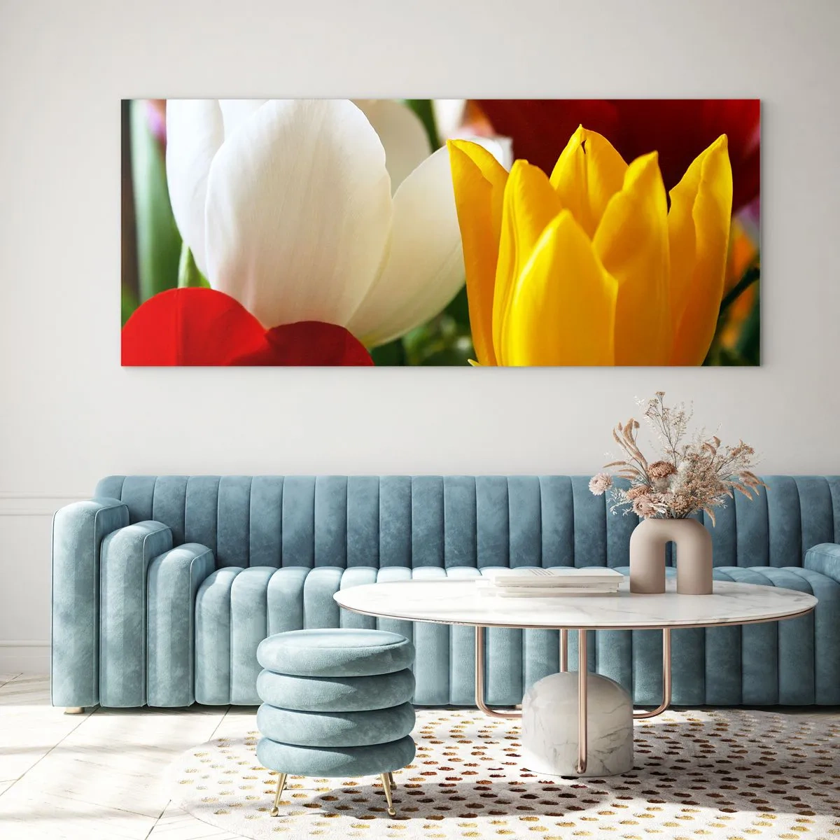 Impression sur verre - Image sur verre - Gros plan de tulipes colorées sur un fond printanier - 140x50cm - La fièvre des tulipes - Décoration murale moderne pour le salon et la chambre ARTTOR
