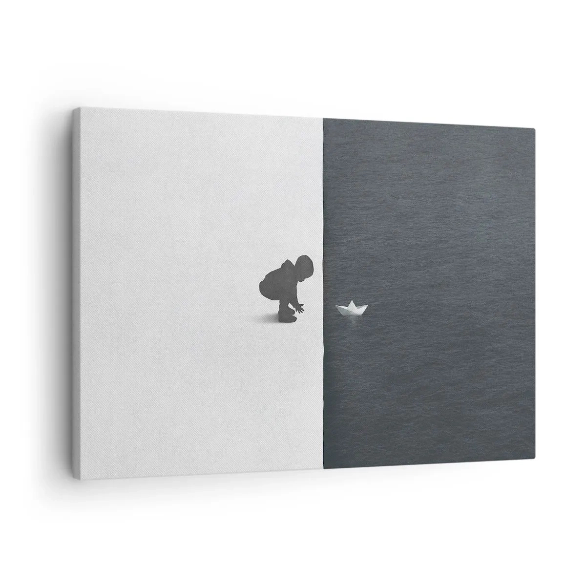 Impression sur toile - Image sur toile - Une figure d'enfant avec un bateau en papier sur un fond de moitiés contrastées - 70x50cm - Grande expédition - Décoration murale moderne pour le salon et la chambre ARTTOR