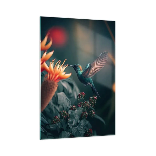 Impression sur verre - Image sur verre - Un colibri coloré parmi des fleurs sur un fond naturel - 70x100cm - une vie vraiment colorée - Décoration murale moderne pour le salon et la chambre ARTTOR