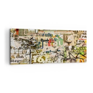 Impression sur toile - Image sur toile - Un collage de fragments de journaux et d'affiches dans un style artistique. - 120x50cm - Oh, il se passe quelque chose... - Décoration murale moderne pour le salon et la chambre ARTTOR