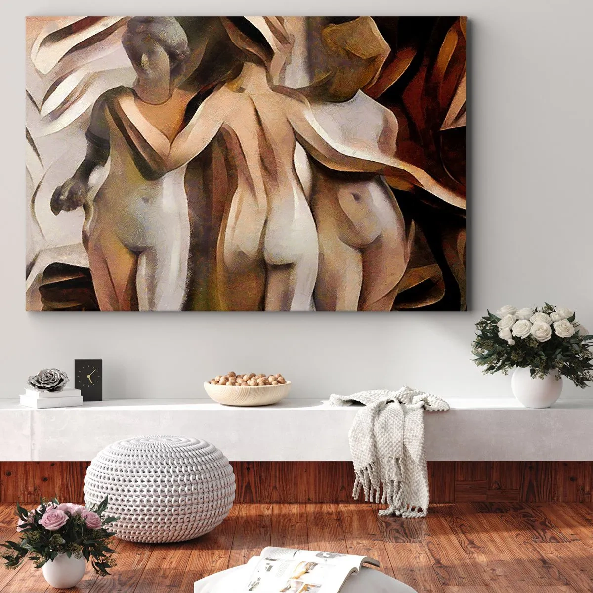 Impression sur toile - Image sur toile - Une scène abstraite avec trois personnages aux couleurs chaudes. - 100x70cm - Trois Grâces 2.0 - Décoration murale moderne pour le salon et la chambre ARTTOR