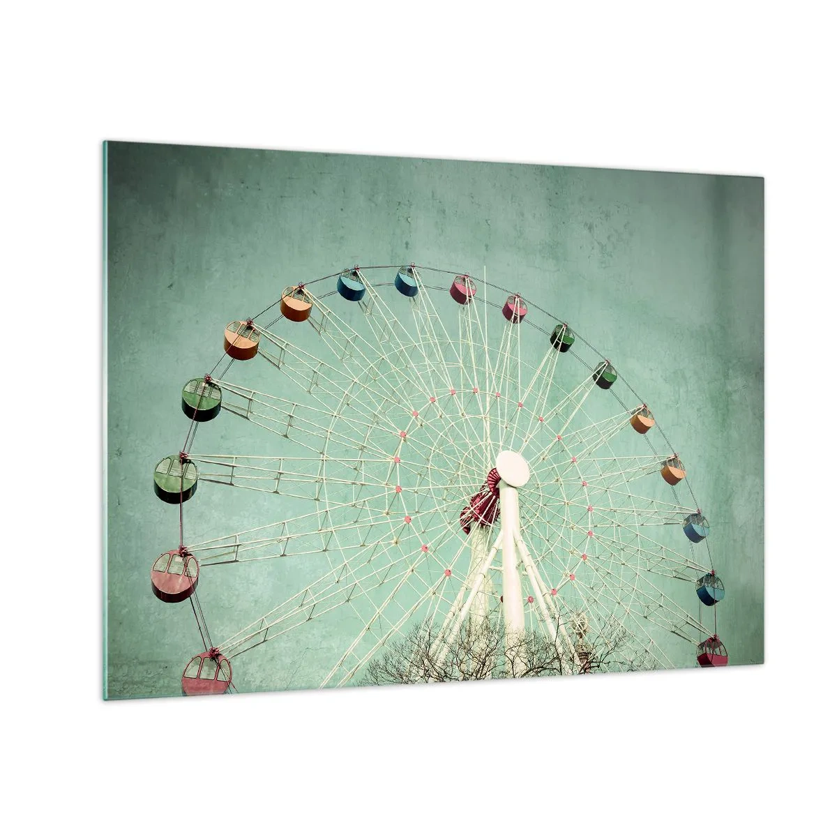 Impression sur verre - Image sur verre - Une grande roue colorée sur un fond vert pastel - 70x50cm - Nous vous invitons à vous amuser - Décoration murale moderne pour le salon et la chambre ARTTOR
