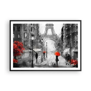 Affiche dans un cadre noir - Poster - Une rue avec vue sur la Tour Eiffel et des parapluies rouges - 100x70cm - Tous les chemins mènent à elle - Décoration murale moderne pour le salon et la chambre ARTTOR