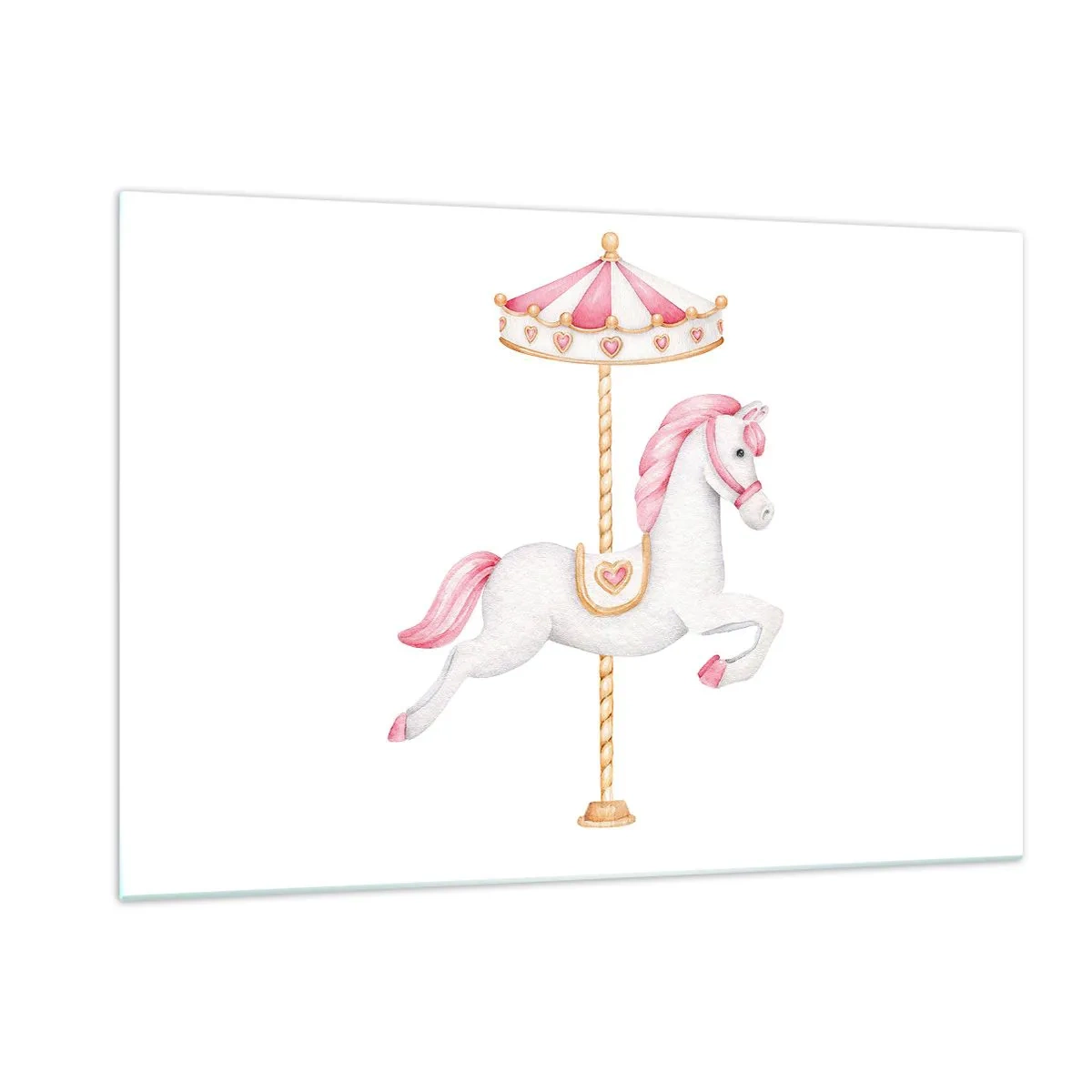 Impression sur verre - Image sur verre - Cheval de carrousel rose et blanc sur fond blanc - 120x80cm - Les sabots en avant - Décoration murale moderne pour le salon et la chambre ARTTOR