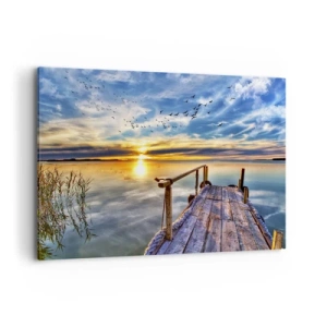 Impression sur toile - Image sur toile - Jetée en bois sur le lac au coucher du soleil - 120x80cm - Le vent se repose - Décoration murale moderne pour le salon et la chambre ARTTOR