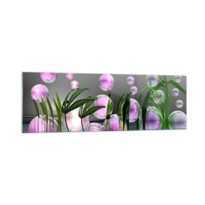 Impression sur verre - Image sur verre - Feuilles vertes et bulles roses au-dessus de l'eau sur fond gris - 160x50cm - Une composition réfléchissante de légèreté et de vie - Décoration murale moderne pour le salon et la chambre ARTTOR