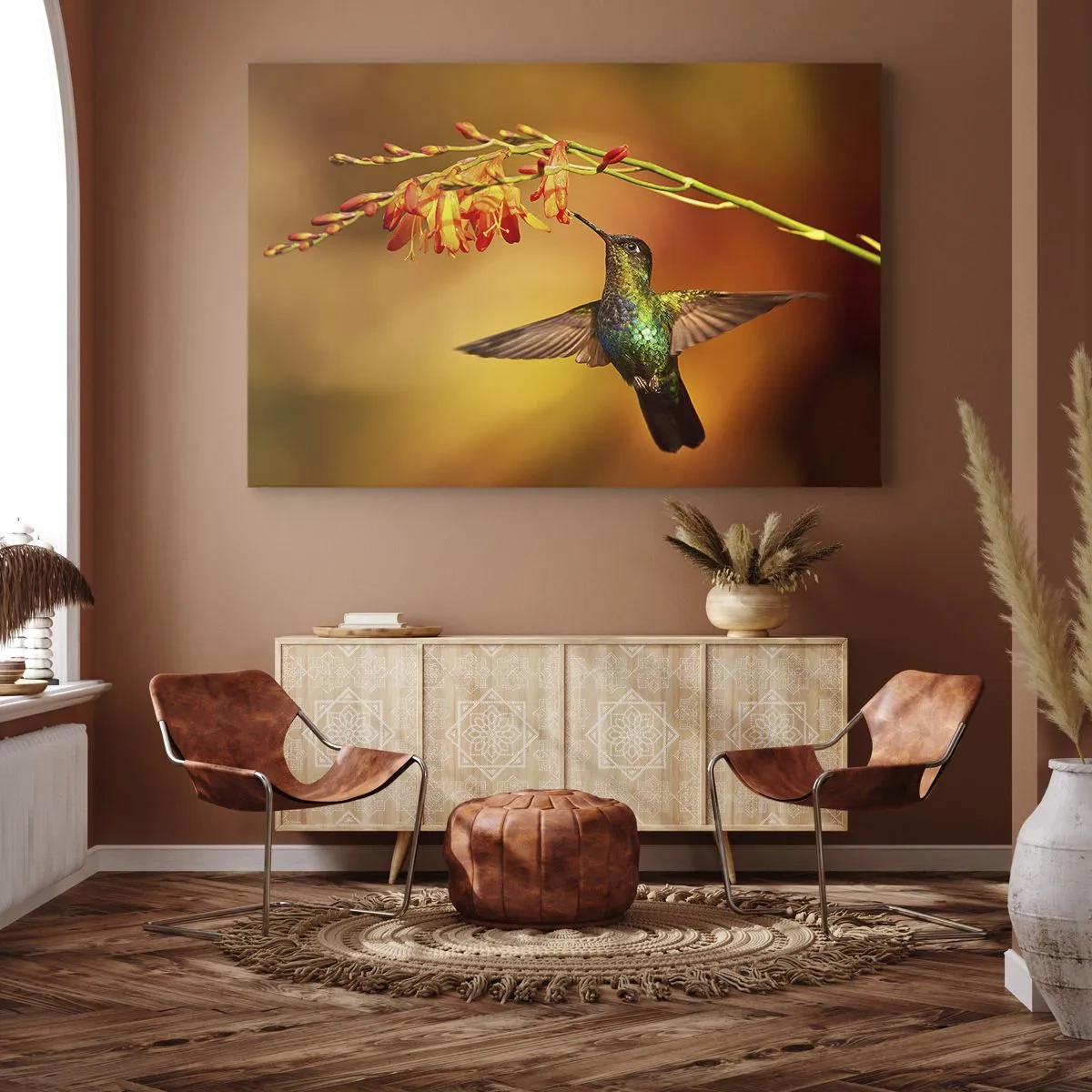 Impression sur toile - Image sur toile - Colibri près d'une fleur dans la lumière chaude - 120x80cm - Un messager de lumière selon les Mayas - Décoration murale moderne pour le salon et la chambre ARTTOR