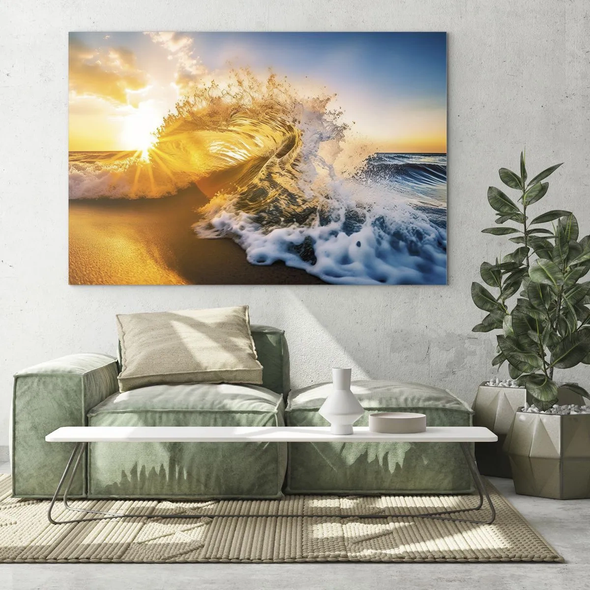 Impression sur verre - Image sur verre - Une vague s'écrasant contre le rivage, illuminée par les rayons du soleil couchant - 120x80cm - S'amuser dans le sable - Décoration murale moderne pour le salon et la chambre ARTTOR