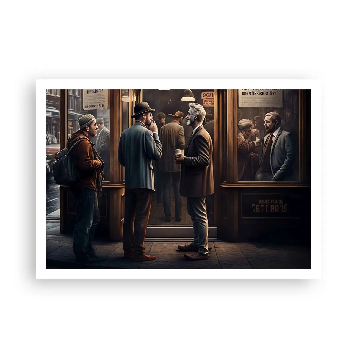 Affiche - Poster - Scène de rue avec des gens devant un café rétro - 100x70cm - Bon moment de la journée - Décoration murale moderne pour le salon et la chambre ARTTOR