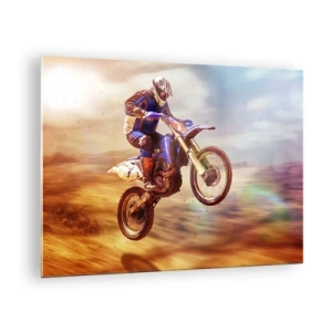 Impression sur verre - Image sur verre - Un motocycliste survolant un terrain sablonneux - 70x50cm - Vertiges à moto - Décoration murale moderne pour le salon et la chambre ARTTOR